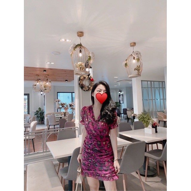 Váy voan hoa tay bo nhún thân