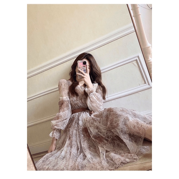 [FREE SHIP] ĐẦM XÒE LƯỚI IN HOA TIỂU THƯ PHONG CÁCH CỔ ĐIỂN SANG CHẢNH PU (HÀNG QUẢNG CHÂU)