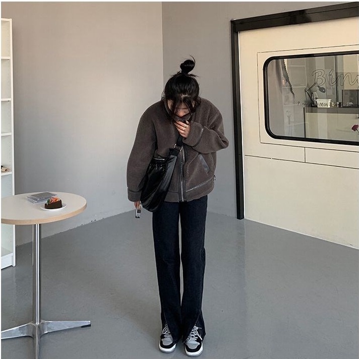 SUXI Quần jean dài lưng cao ống rộng phong cách Hàn Quốc thời trang mùa thu dành cho nữ