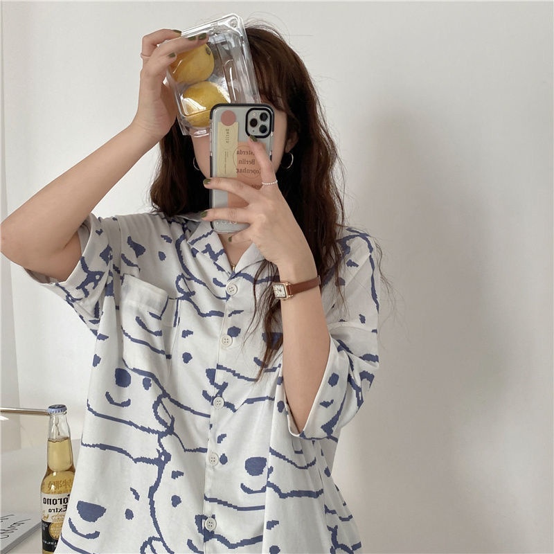 Bộ Đồ Ngủ Tay Ngắn In Họa Tiết Dễ Thương Phong Cách Hàn Quốc Thời Trang Mùa Hè | BigBuy360 - bigbuy360.vn
