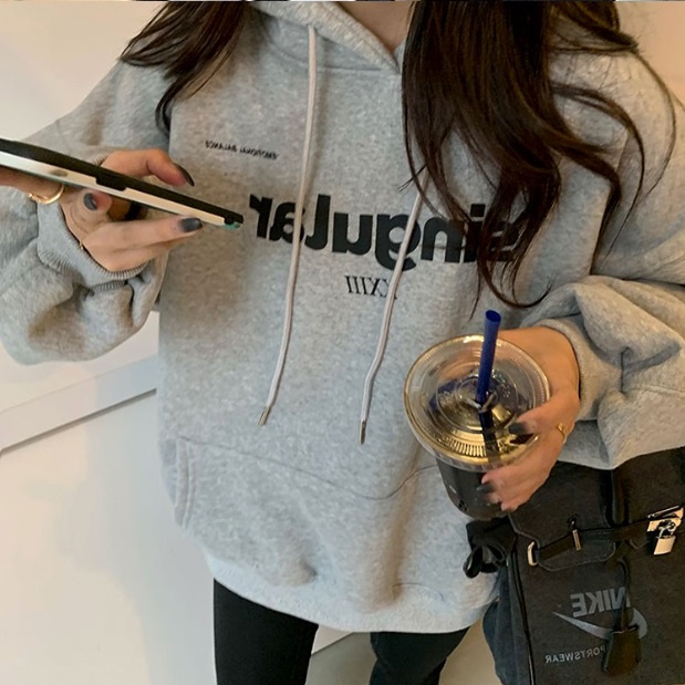 Áo hoodie tay dài ZHELIHANGFEI dáng rộng họa tiết in theo phong cách preppy dễ phối đồ