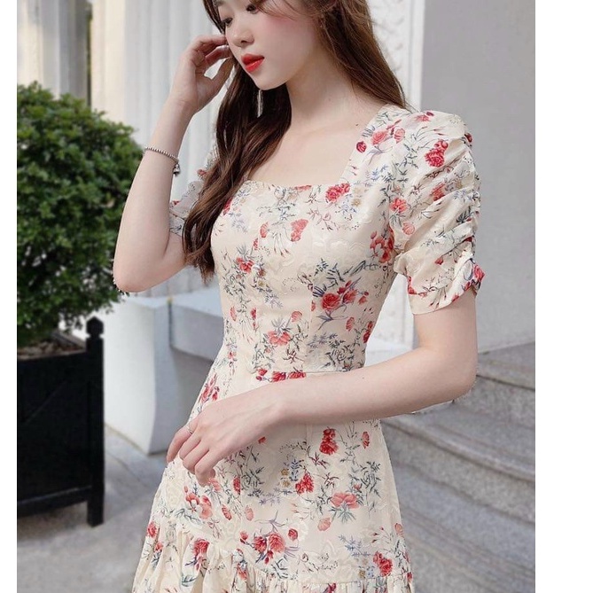 Đầm Váy Hoa Cổ Vuông Tay Phồng Thời Trang Mùa Hè Mới Cho Nữ