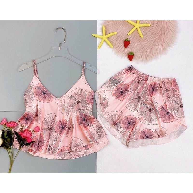 🎀 Vải xịn 🎀   Bộ đồ ngủ sleepwear 2 dây croptop vạt chéo dễ thương cao cấp mịn màng