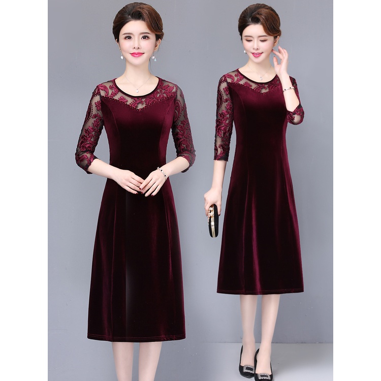 (CÓ ẢNH THẬT) Đầm nhung trung niên co giãn 4 chiều