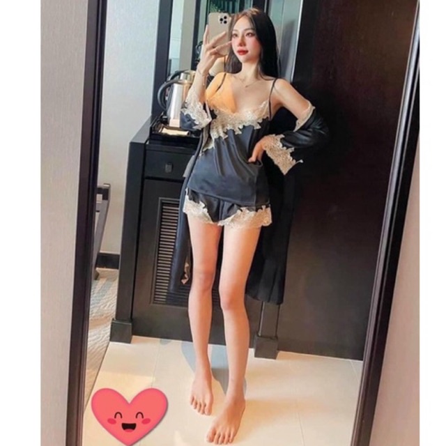 Sét 3 món bộ ngủ kèm choàng lụa sexy cao cấp bộ hai dây quần cộc  mặc  nhà siêu quyến rũ