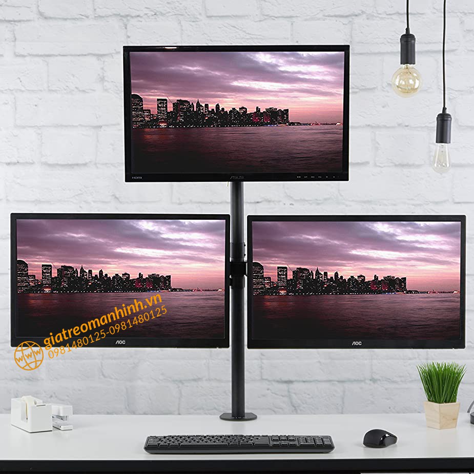 Giá Treo 3 Màn Hình M053 Cao Cấp 17-27 Inch / Tải Trọng 8Kg - Trụ 80Cm - Lắp Đặt Kẹp Bàn