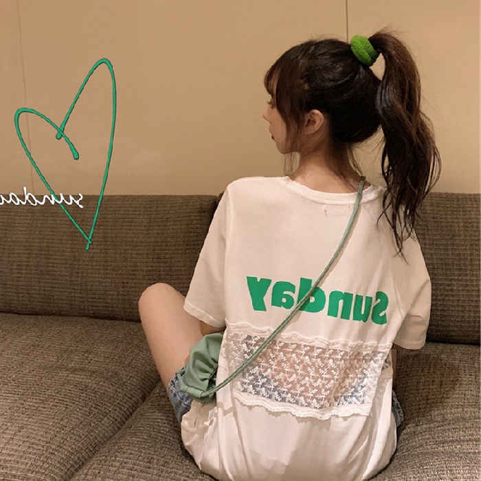 SUXI Áo Thun Tay Ngắn Phối Ren Hoa Thiết Kế Dáng Rộng Thoải Mái