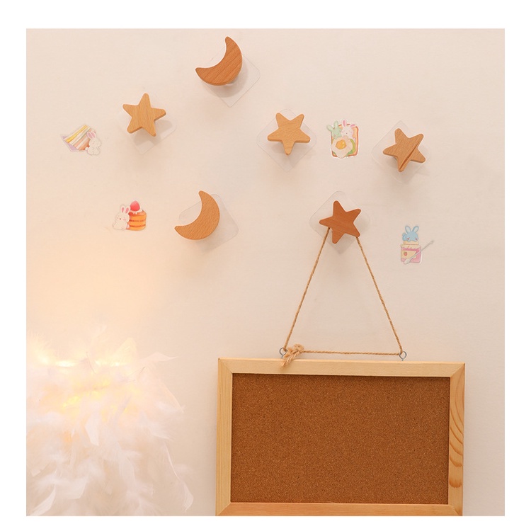 Bộ Móc Treo Đồ Hình Trăng Sao Mây 100% Màu Gỗ Tự Nhiên Đa Năng Trang Trí Phòng Siêu Xinh Vừa Dán Vừa Khoan Bắt Vít Móc