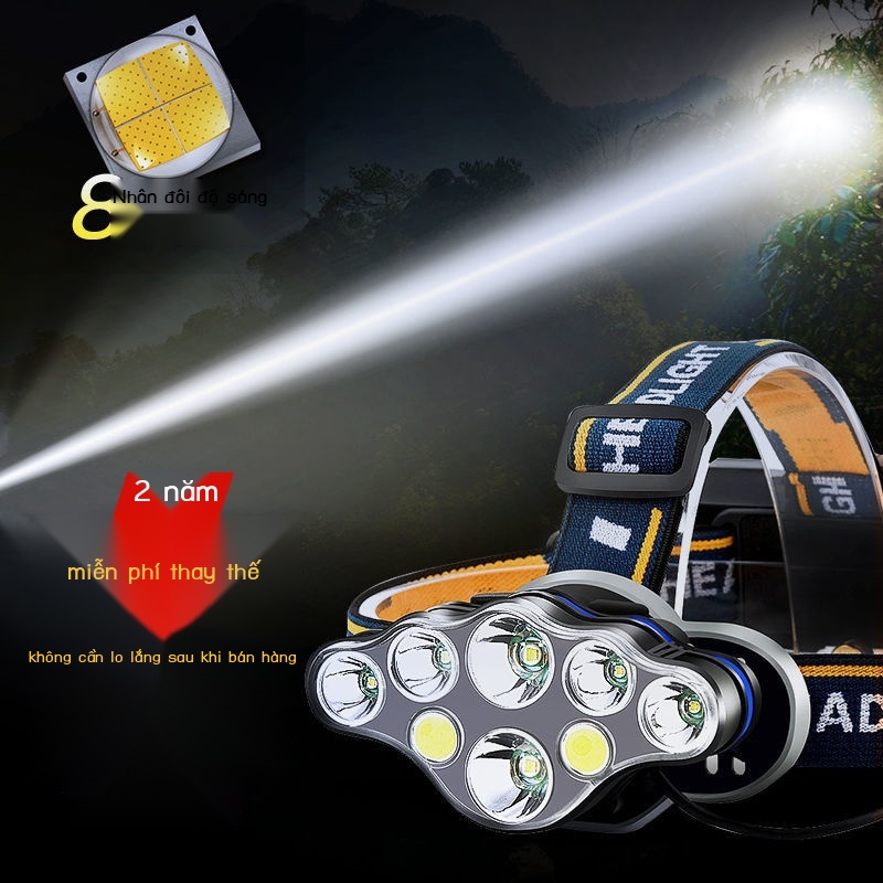 ▫●◙Đèn pha LED ánh sáng mạnh 18650 pin lithium có thể sạc lại câu cá đêm làm việc của thợ mỏ gắn trên đầu