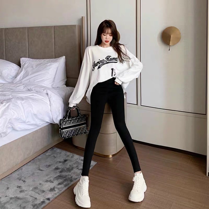 Quần tregging nữ lưng cạp cao dài dáng thun ôm bó legging skinny vải giữ nhiệt màu đen