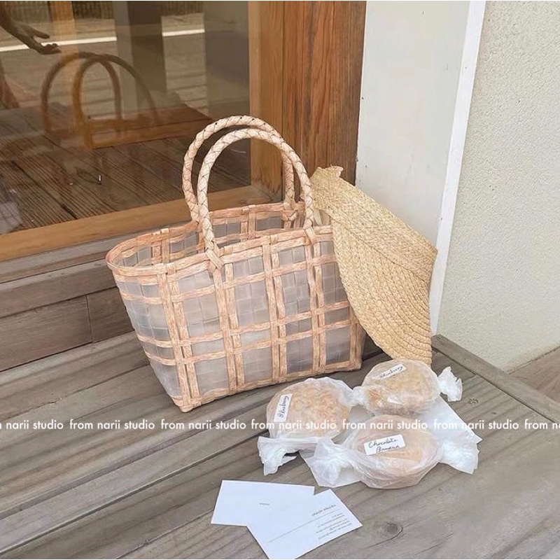 Túi cói đi biển vintage NARII túi xách du lịch nữ Hàn giỏ nhựa cent