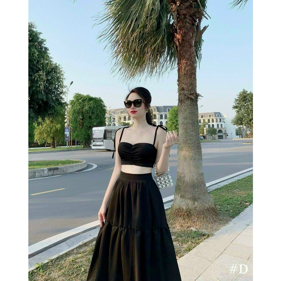 [9.9 Sales Freeship] Set váy maxi nữ đi biển, set áo 2 dây nhún ngực croptop phối chân váy xòe dài qua gối quyến rũ mtb