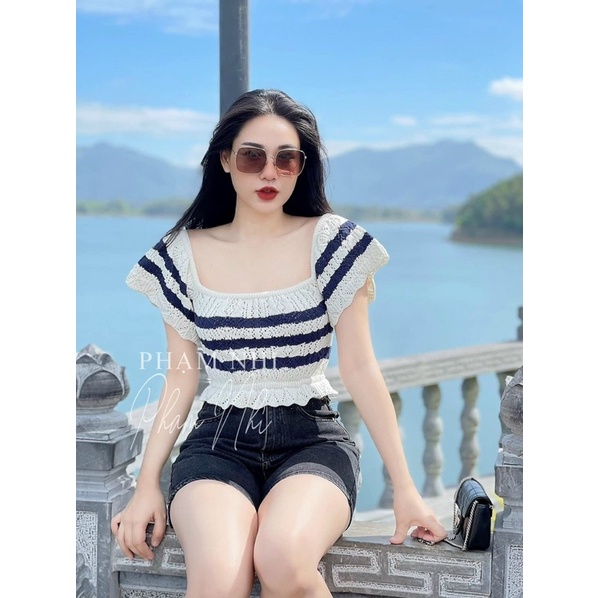 Áo len nữ tay cộc cánh tiên bẹt vai dáng croptop hot