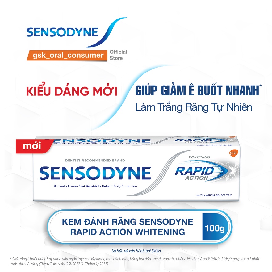 Bộ 3 Kem đánh răng giảm ê buốt Sensodyne Rapid Action Whitening 100g/tuýp giảm ê buốt nhanh và làm trắng răng tự nhiên