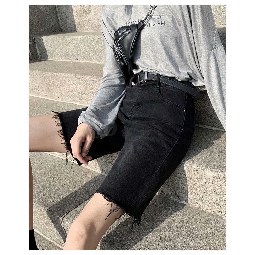 Quần short denim daduhey màu đen dáng suông ống rộng phong cách Hàn Quốc mùa hè cho nữ (không kèm thắt lưng Pos)