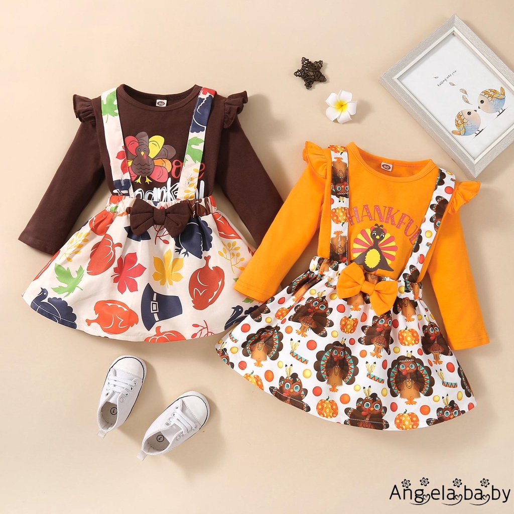 Set áo tay dài in hình dễ thương + chân váy yếm thời trang cho bé gái