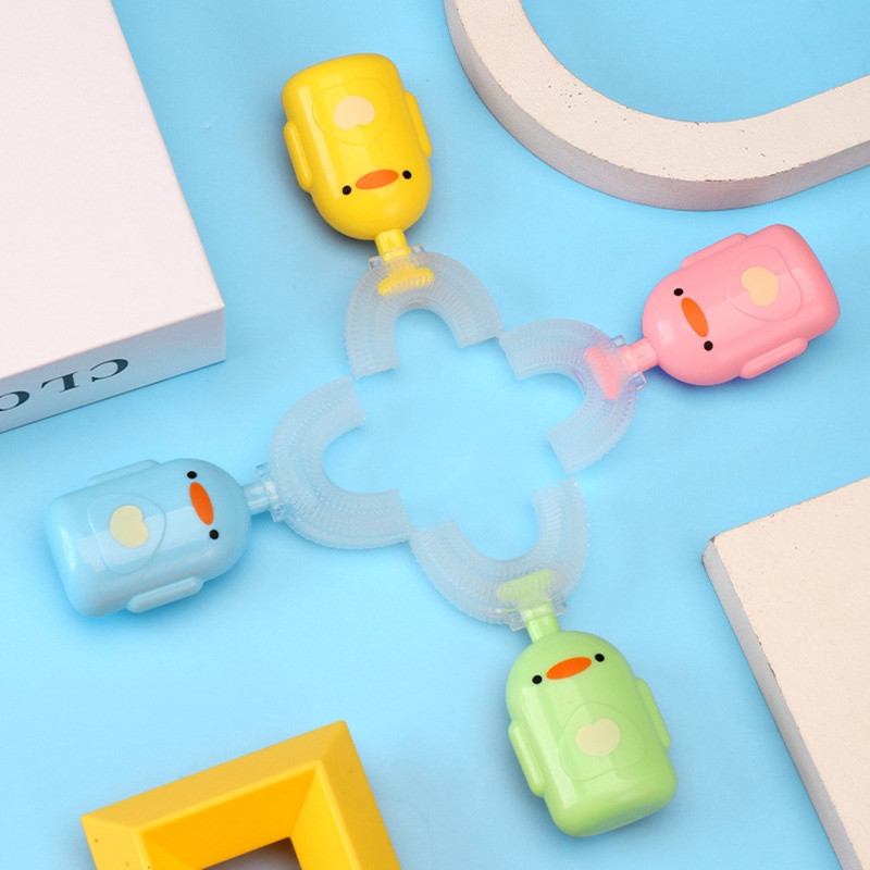 Bàn chải đánh răng hình chữ U bằng silicon hình hoạt hình có hộp đựng cho bé 2-12 tuổi