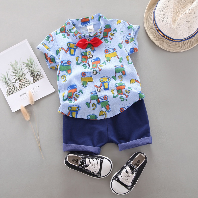 Set Áo Thun Cotton Ngắn Tay Và Quần Short In Hình Xe Xúc Hoạt Hình Cho Bé Trai