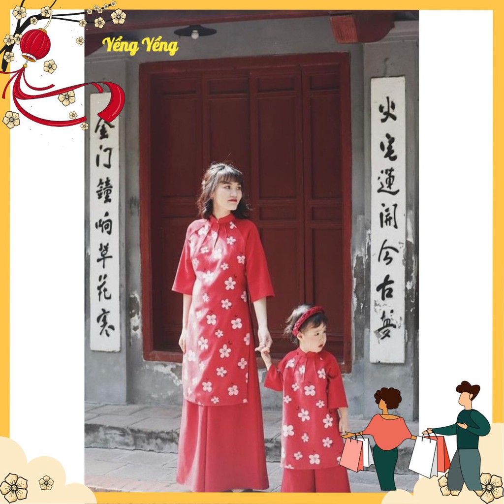 SNU29 - SET ÁO DÀI ĐỎ HOA ĐÀO TRẮNG CHO MẸ VÀ BÉ
