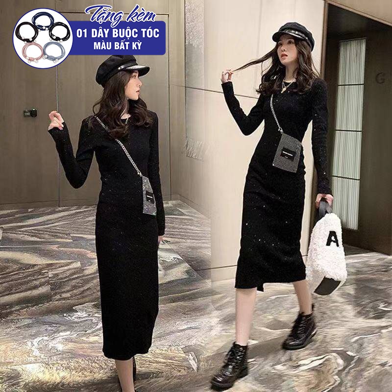 Váy len dài tay màu đen đầm len dài dáng body full size S đến 2XL