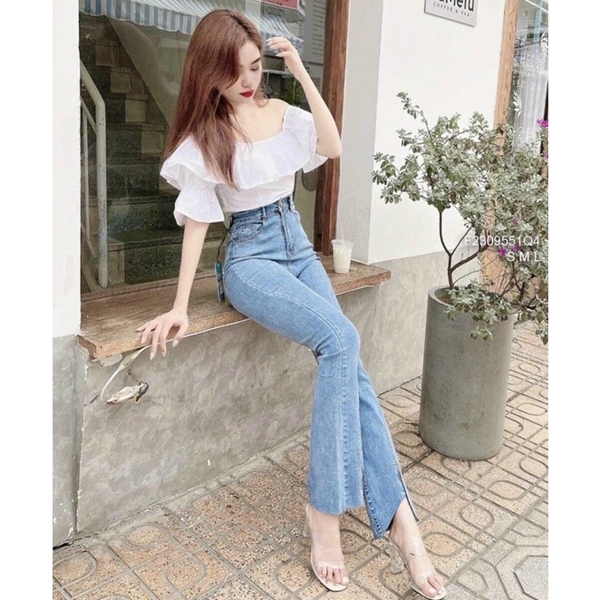 Quần jean ống loe lai so le chẻ trước TT1506