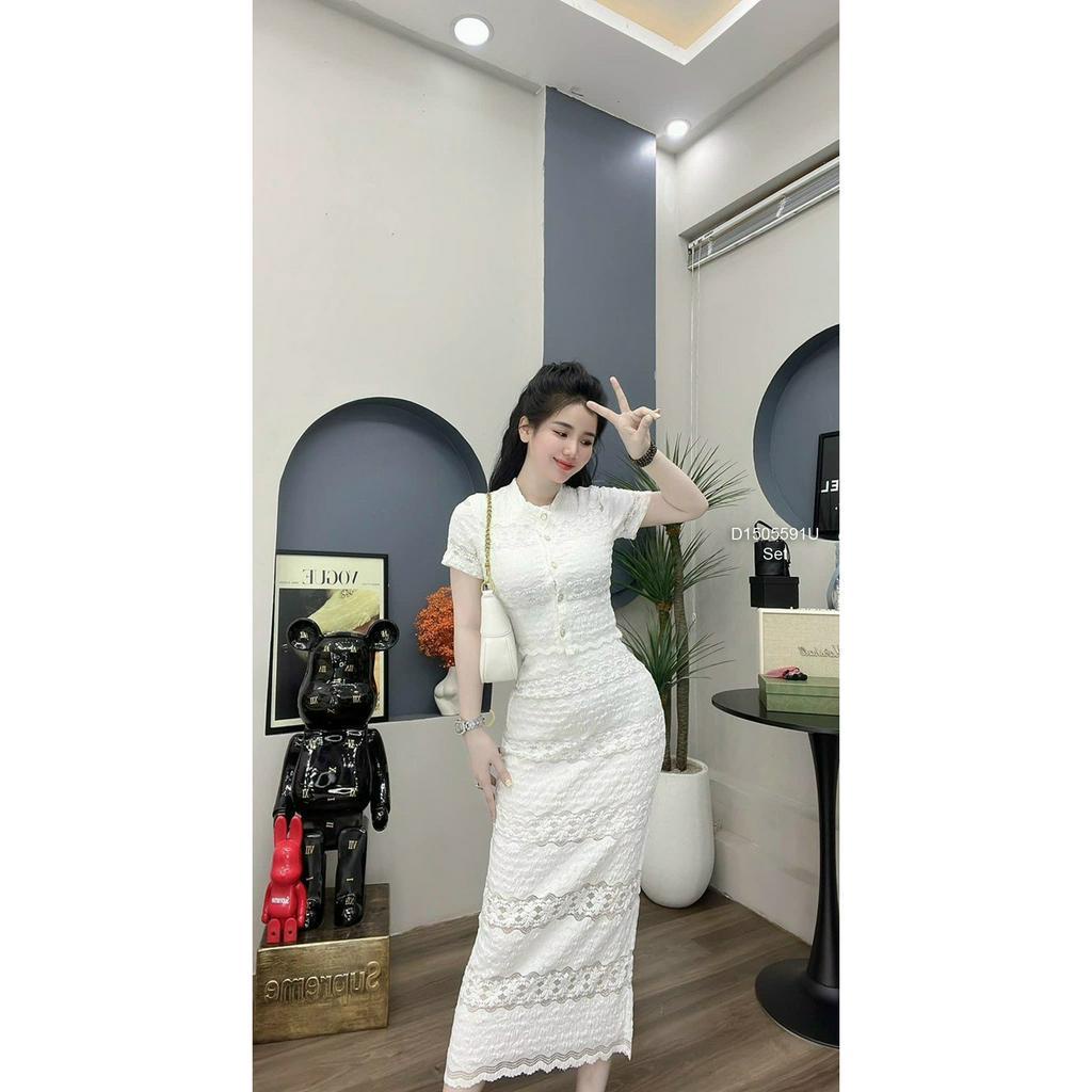 Set bộ ren 2 món áo kiểu dáng ngắn đính nút tay con phối chân váy ôm dài bút chì hàng đẹp!