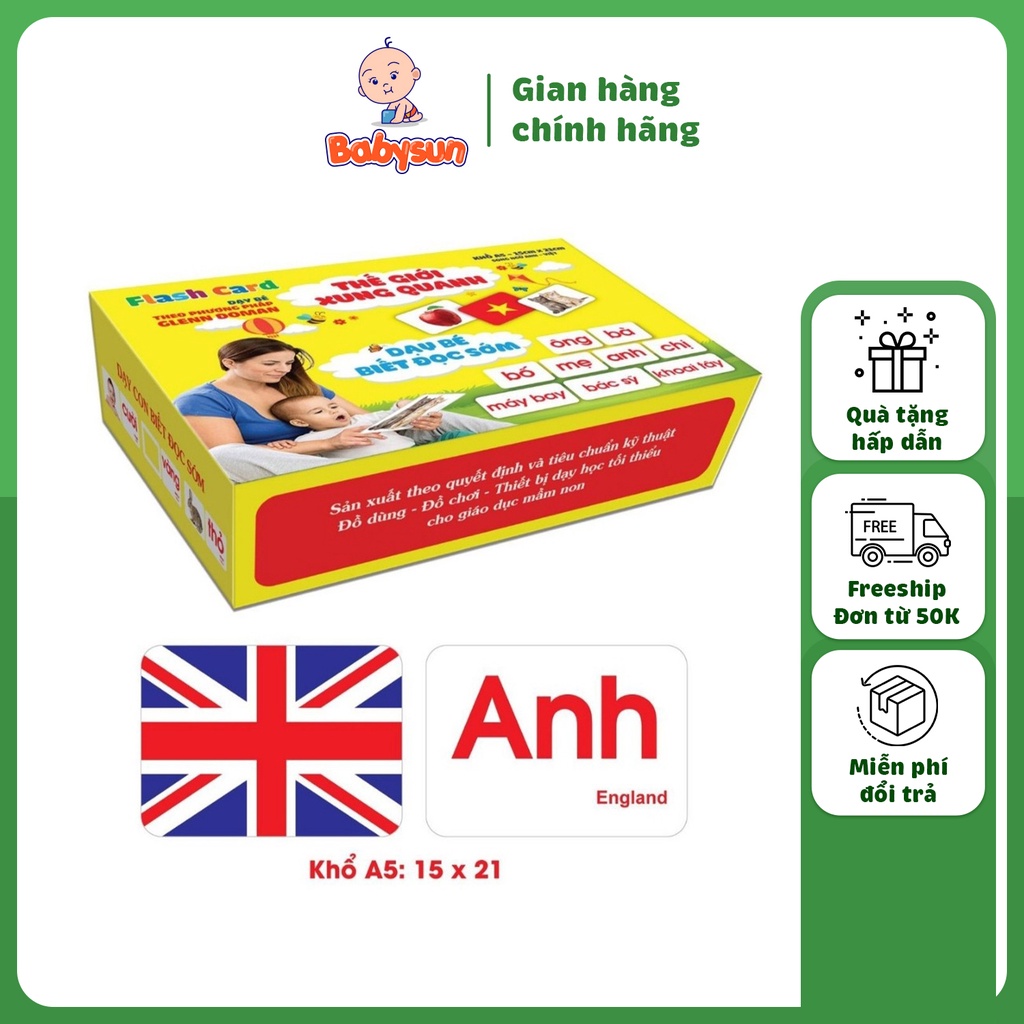 Bộ thẻ học chữ cái thông minh cho bé loại to cứng kèm hình ảnh giúp bé biết đọc sớm và hiểu biết về thế giới xung quanh