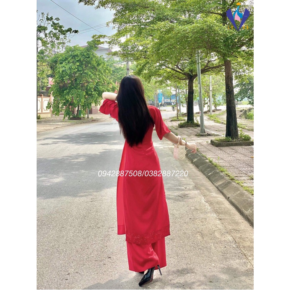 Áo dài cách tân nữ, áo dài Bách Hoa Xuân màu đỏ phối tay hoa nhẹ nhàng đính ngọc, vải lụa cao cấp