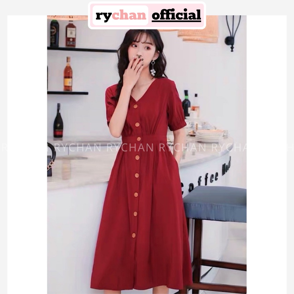 Đầm Nữ Đi Chơi Dáng Dài Cổ V Nút Trước Dịu Dàng, Đầm Dự Tiệc Cực Tôn Da Màu Đỏ Đô [ẢNH THẬT CUỐI] - DX9870