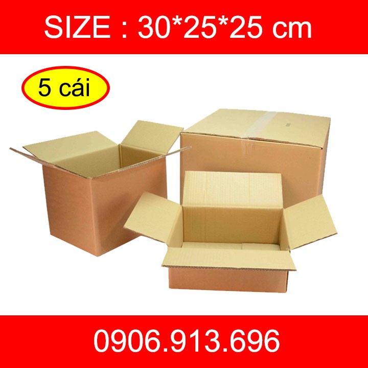 Thùng giấy carton 3 lớp sóng C size 30x25x25 cm - Combo 5 cái