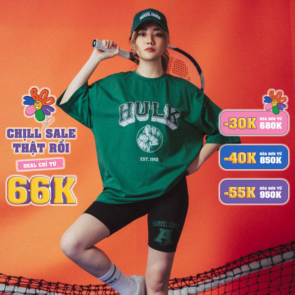 Áo Thun Unisex BOO Dáng Oversize Vải Cotton Cao Cấp In Graphic Hulk Marvel Comic BZL