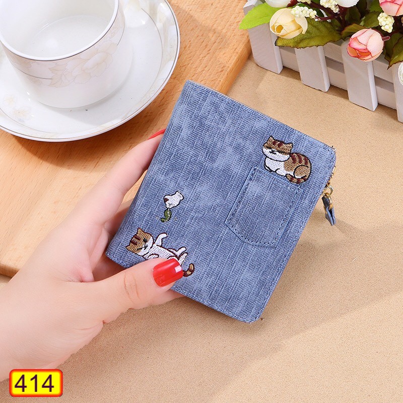 VÍ NGẮN NỮ CẦM TAY CAO CẤP 414 THÊU 2 CON MÈO HOT TREND DỄ THƯƠNG