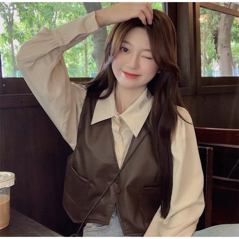 Áo gile da croptop áo khoác nữ phong cách độc lạ áo sơ mi dài tay hàn quốc