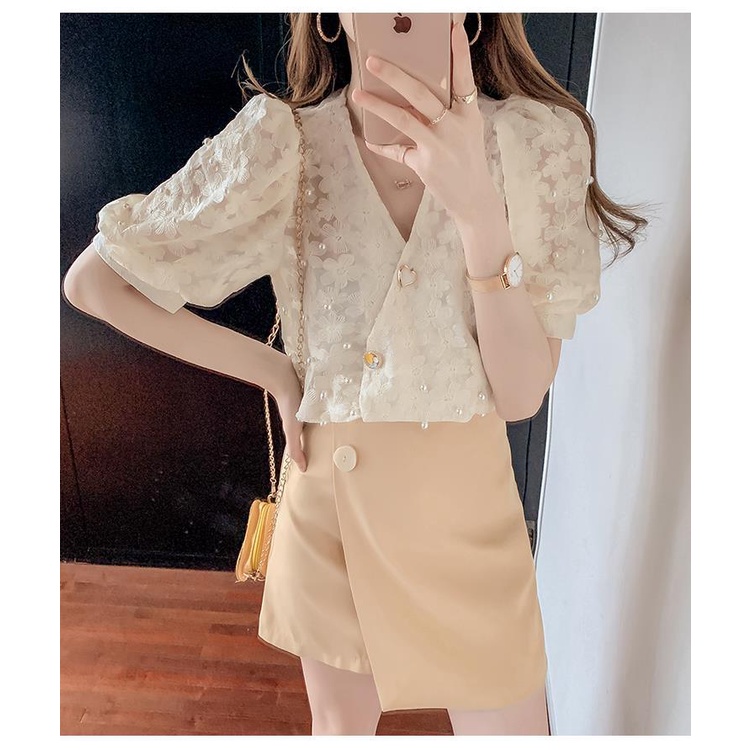 Áo chiffon Ngắn Tay Cổ Chữ v Phong Cách Phương Tây Thời Trang Mùa Hè Cho Nữ