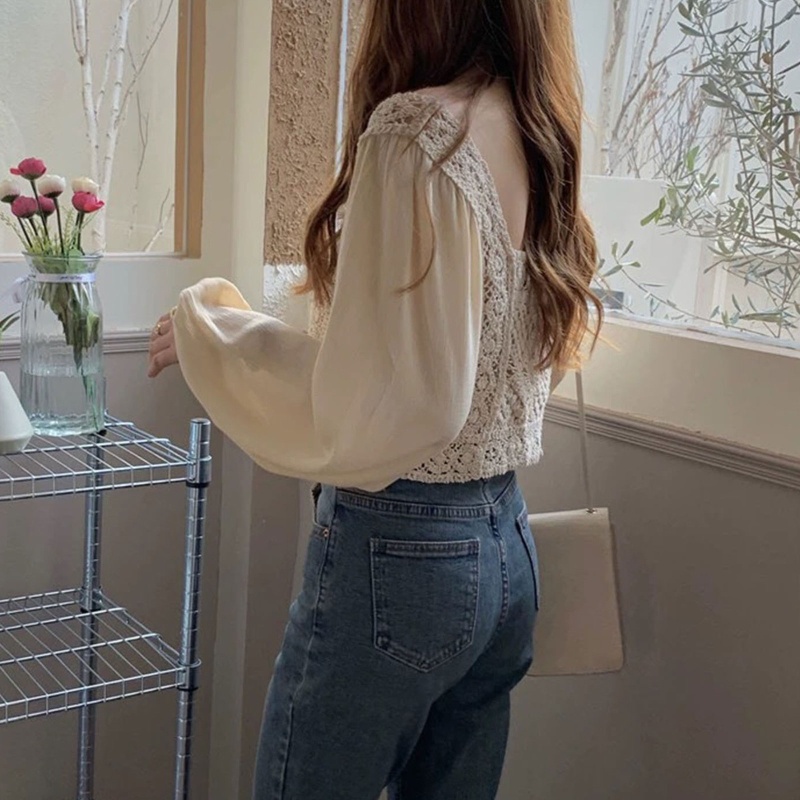 Áo Kiểu Vải Voan Mỏng Tay Phồng Dài Cổ Vuông Thời Trang Mùa Thu Cho Nữ