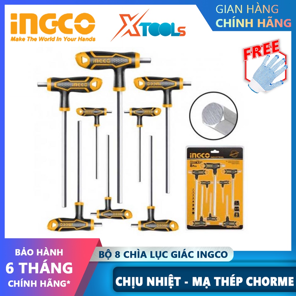 Bộ 8 chìa lục giác bông tay cầm chữ T INGCO HHKT8083 Bộ chìa lục giác bông tay cầm chữ T 8 chi tiết Chất liệu Cr-V
