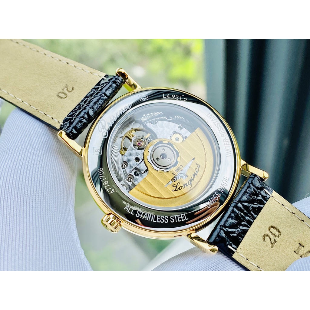 Đồng hồ nam chính hãng Longines Presence Automatic Gold Dial Black Leather L49212422 - Máy cơ Thụy Sĩ - Kính Sapphire