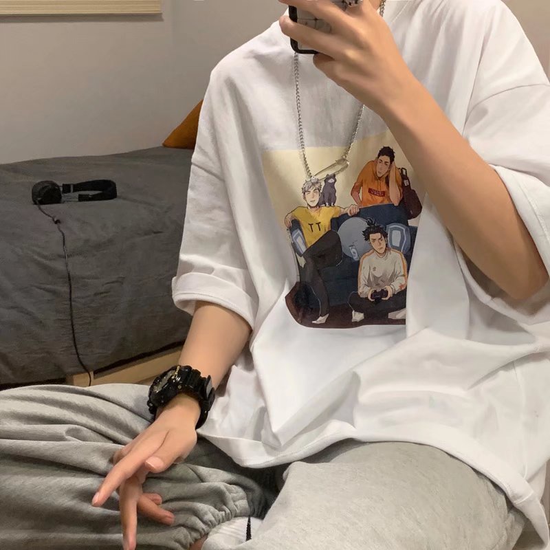 Áo Thun Mùa Hè Dáng Rộng Tay Cộc Cổ Tròn In Họa Tiết Hoạt Hình Phong Cách Hip Hop Đường Phố Cho Nam Và Nữ size M-8XL