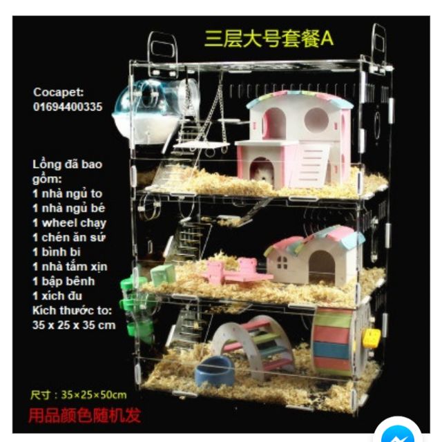 Lồng hamster - Chuồng hamster mica full đồ 3 tầng size to 35 x 25 x 50