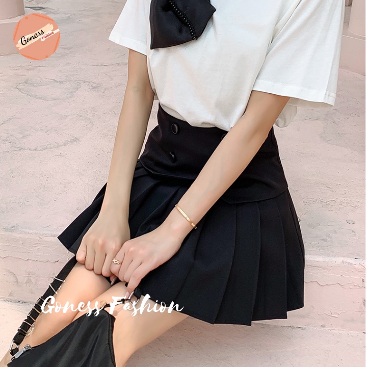 Chân váy tennis xếp ly màu trắng đen xếp li skirt cạp lưng cao ngắn chữ a phối cúc phong cách ulzzang Goness