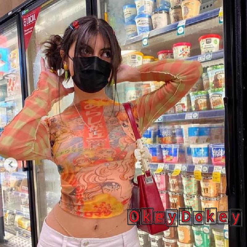 Áo Thun Crop Top Tay Dài Phối Lưới Xuyên Thấu Y2K Phong Cách Harajuku Cổ Điển Thời Trang Mùa Thu Cho Nữ 90s