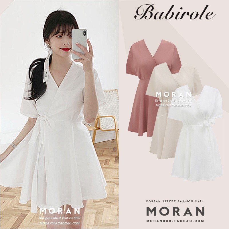 (ORDER) Váy MORAN xòe ngắn cổ V thắt nơ eo đơn giản điệu đà tiểu thư ngọt ngào Hàn Quốc