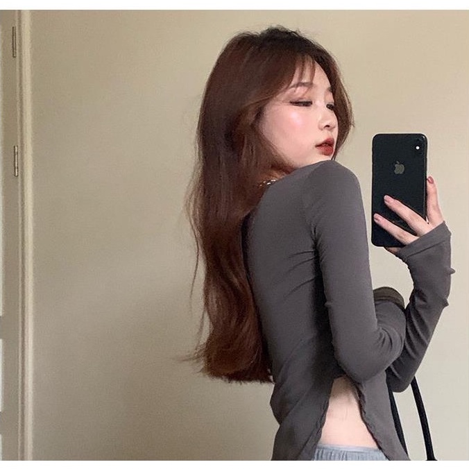 Áo Thun Tay Dài Cổ Chữ U Dáng Ôm Đơn Giản Hàn Quốc Mùa Thu 2022 Cho Nữ