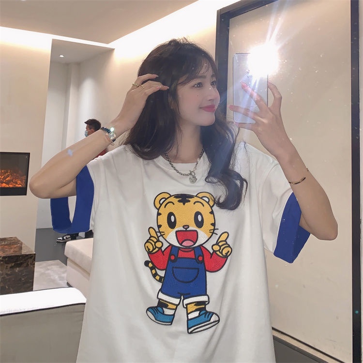 Áo Thun Tay Ngắn Cổ Tròn Dáng Rộng Thêu Họa Tiết Hoạt Hình Phong Cách Hàn Quốc Thời Trang Mùa Hè