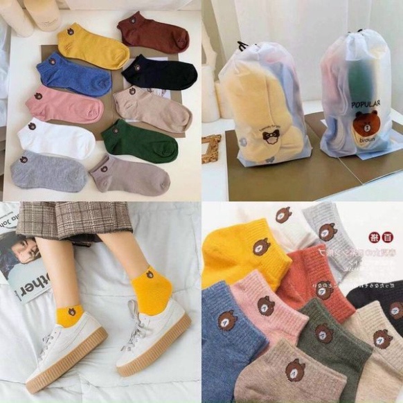 Combo 10 đôi tất nữ cổ ngắn hình gấu kute tặng kèm túi rút dễ thương Standbyshop888