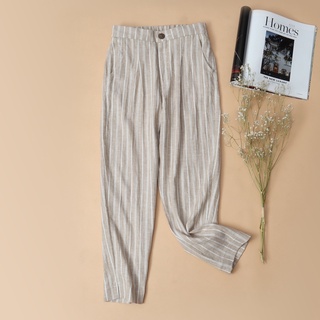 Quần côn linen kachisa màu kem sớ bố xẻ lai sọc