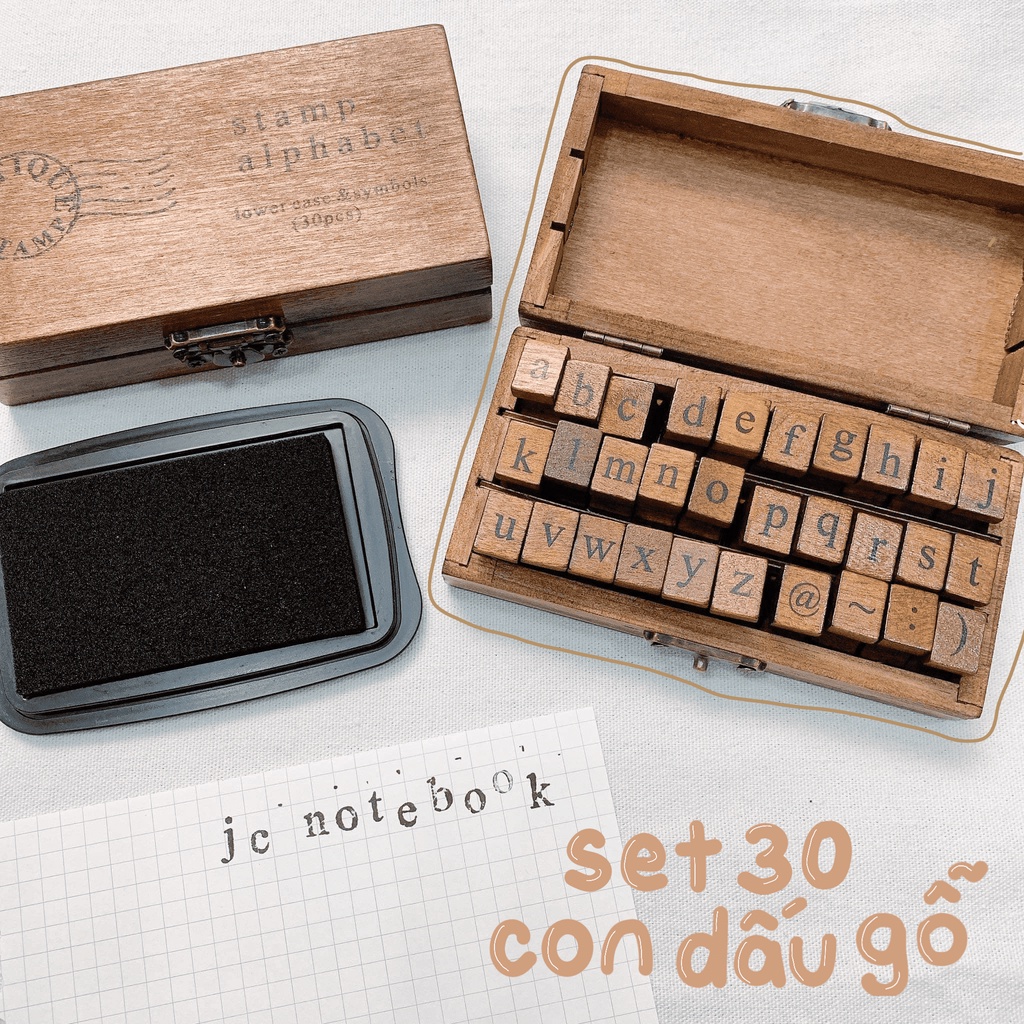 Hộp 30 Con Dấu Gỗ Stamp Alphabet - Set 30 Con Dấu Gỗ Chữ Cái Lowercase - Pure Palette Ink Pad