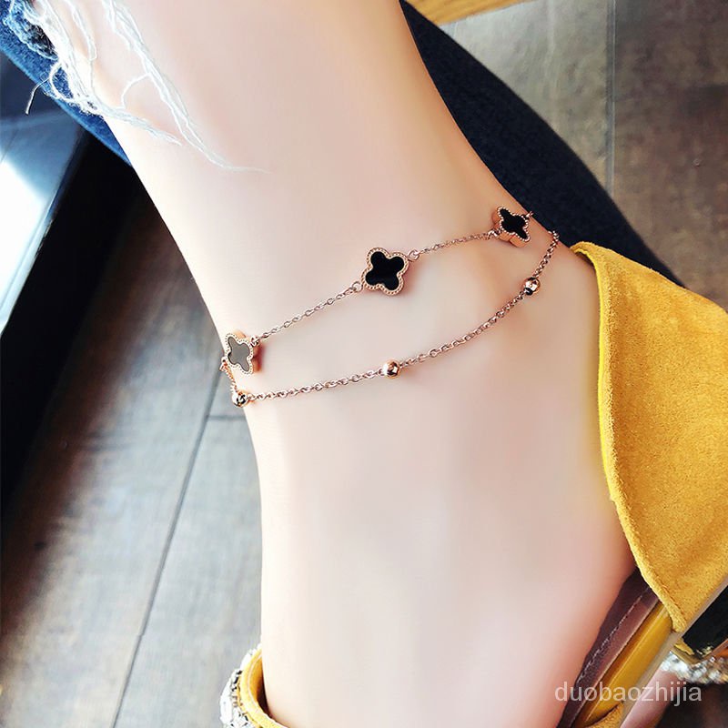 * * * Lắc Chân Hai Lớp Cỏ Bốn Lá Bằng Thép Titan Màu Vàng Hồng Phong Cách Mori Hàn Quốc Nhật Bản 2021 Gợi Cảm Cho Nữ