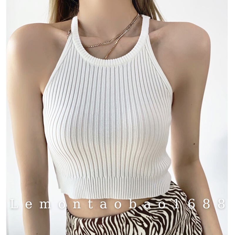 Áo 2 Dây Cổ Tròn Khoét Nách Chất Len Mịn Đẹp Crop Top Có Sẵn Lemon St