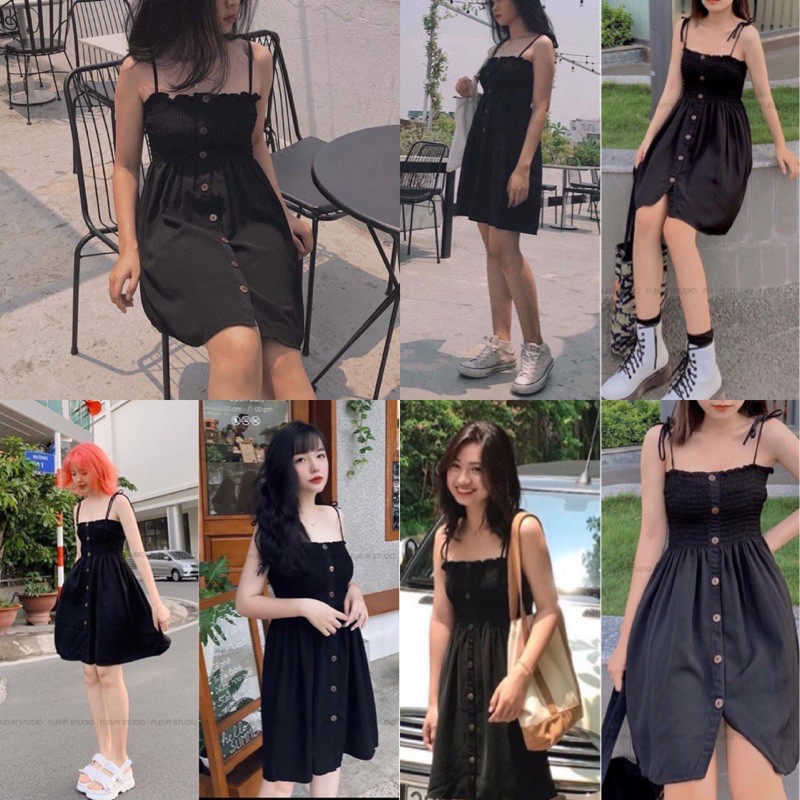 [Mã FAMARAL1 giảm 10K đơn 50K] Đầm Xinh Hai Dây màu đen có bo chun co giãn quanh ngực